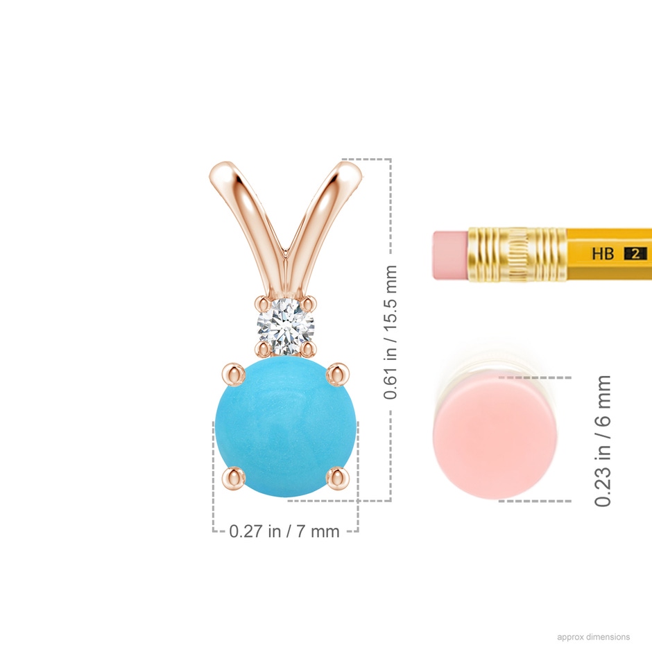 7mm AA Round Turquoise Solitaire V-Bale Pendant with Diamond in Rose Gold ruler