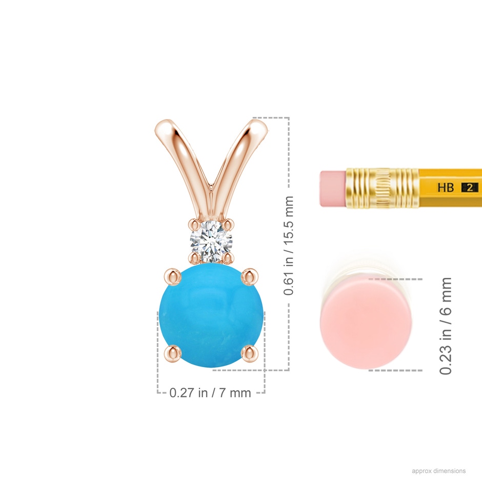 7mm AAAA Round Turquoise Solitaire V-Bale Pendant with Diamond in Rose Gold ruler
