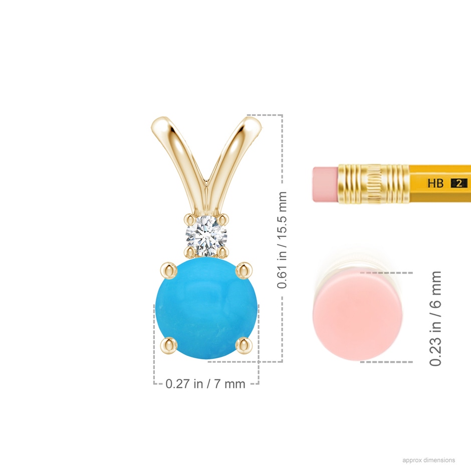 7mm AAAA Round Turquoise Solitaire V-Bale Pendant with Diamond in Yellow Gold ruler
