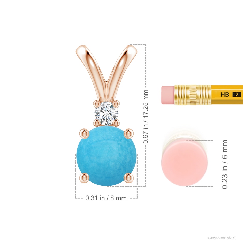 8mm A Round Turquoise Solitaire V-Bale Pendant with Diamond in Rose Gold ruler