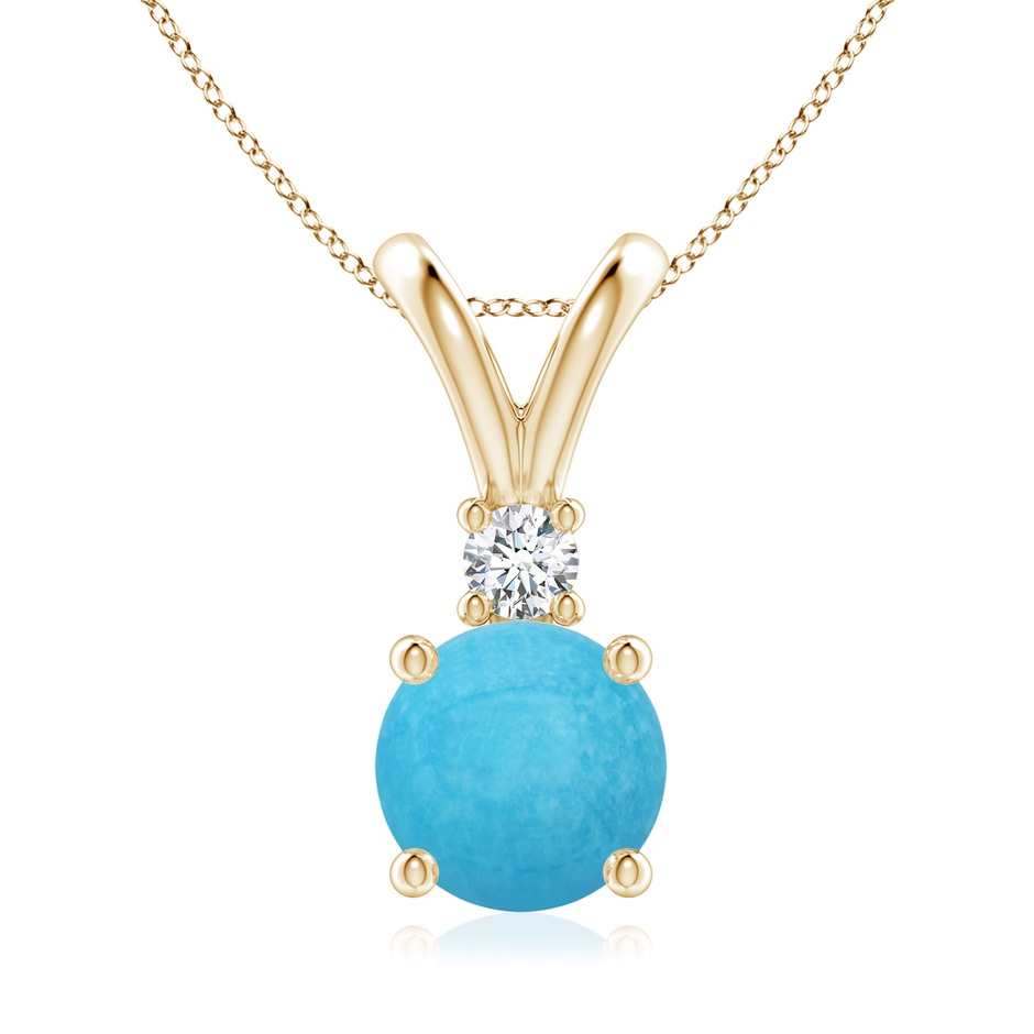 8mm A Round Turquoise Solitaire V-Bale Pendant with Diamond in Yellow Gold 