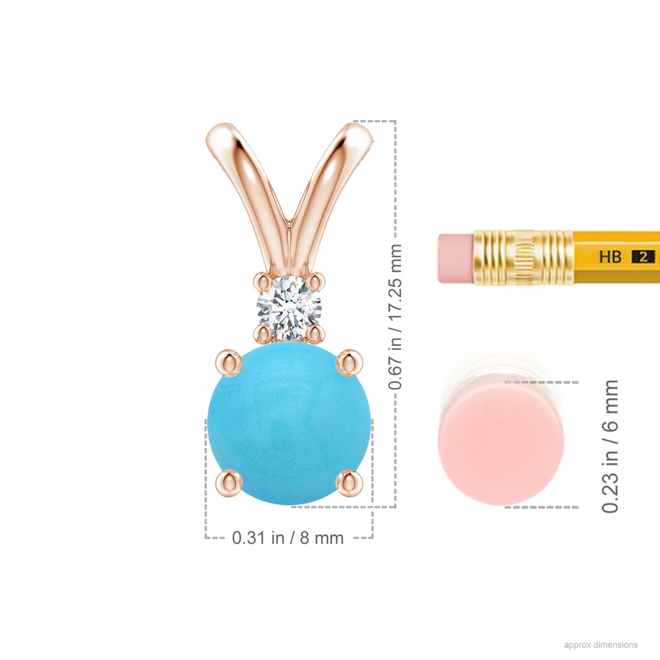 8mm AA Round Turquoise Solitaire V-Bale Pendant with Diamond in Rose Gold ruler