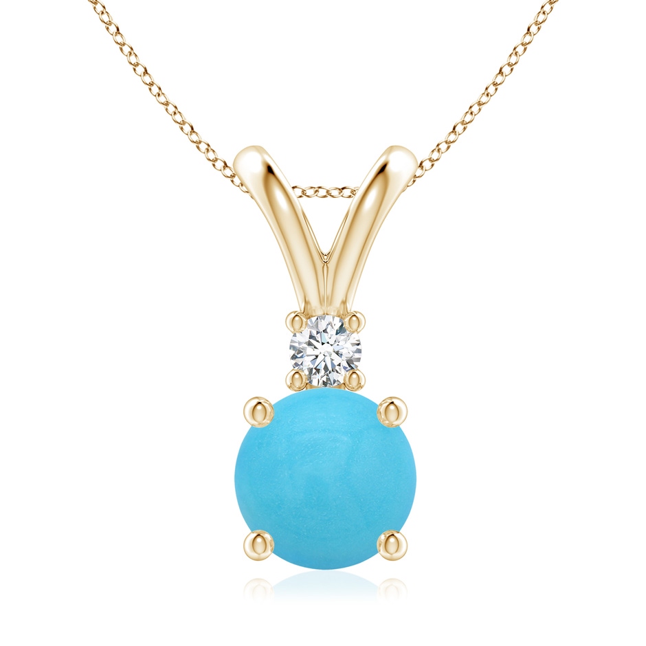 8mm AA Round Turquoise Solitaire V-Bale Pendant with Diamond in Yellow Gold 