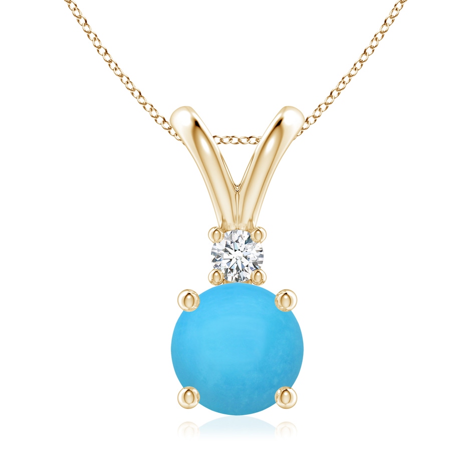 8mm AAA Round Turquoise Solitaire V-Bale Pendant with Diamond in Yellow Gold 