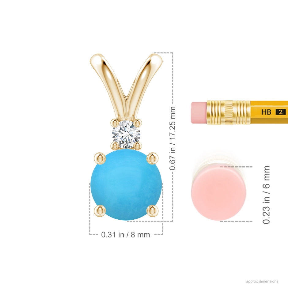 8mm AAA Round Turquoise Solitaire V-Bale Pendant with Diamond in Yellow Gold ruler