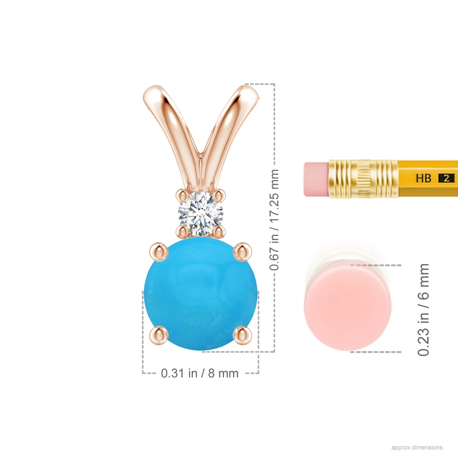8mm AAAA Round Turquoise Solitaire V-Bale Pendant with Diamond in Rose Gold ruler
