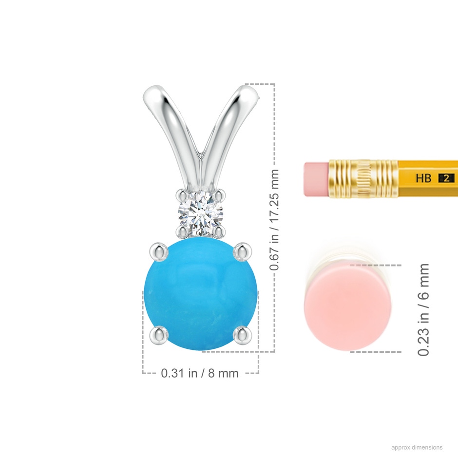 8mm AAAA Round Turquoise Solitaire V-Bale Pendant with Diamond in White Gold ruler