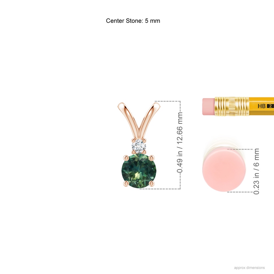 5mm AA Round Teal Montana Sapphire Solitaire V-Bale Pendant with Diamond in Rose Gold ruler
