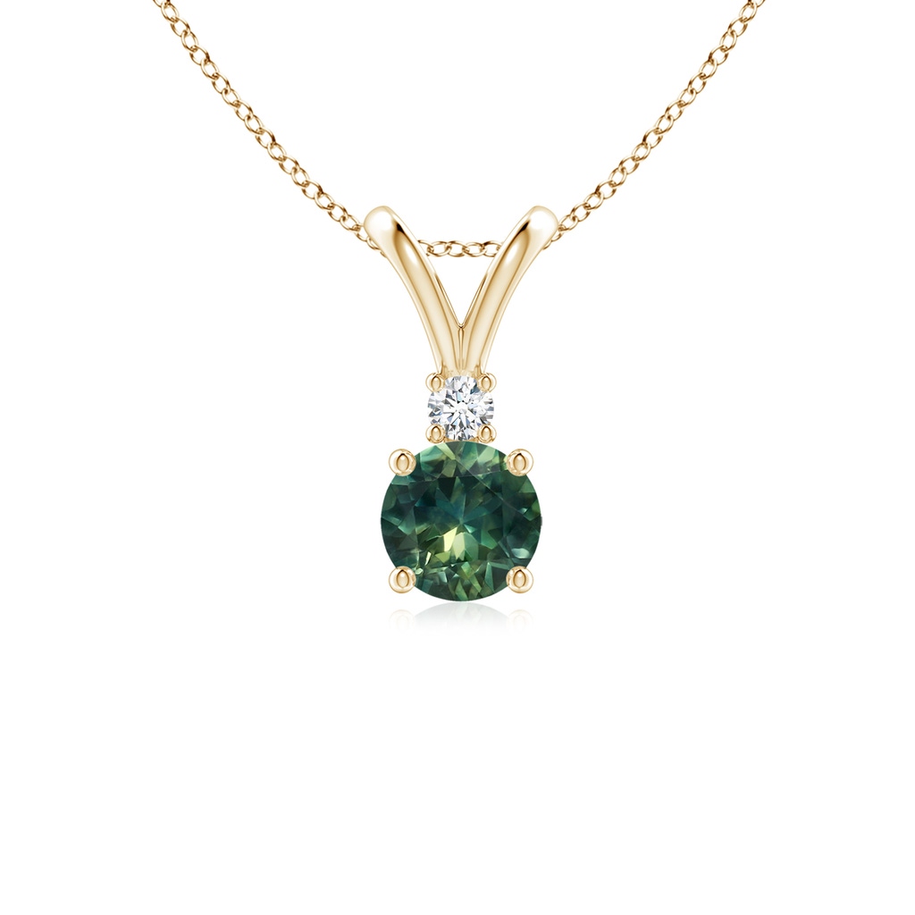 5mm AA Round Teal Montana Sapphire Solitaire V-Bale Pendant with Diamond in Yellow Gold