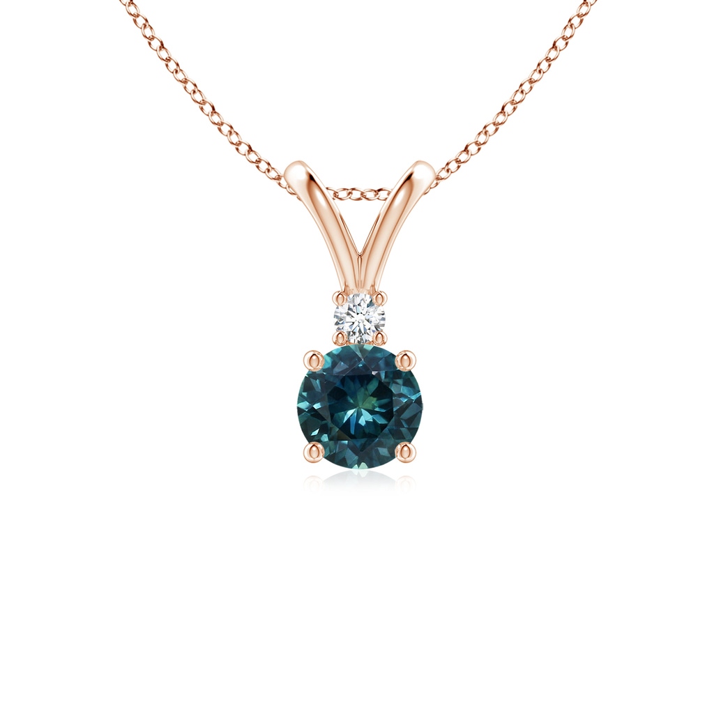 5mm AAA Round Teal Montana Sapphire Solitaire V-Bale Pendant with Diamond in Rose Gold