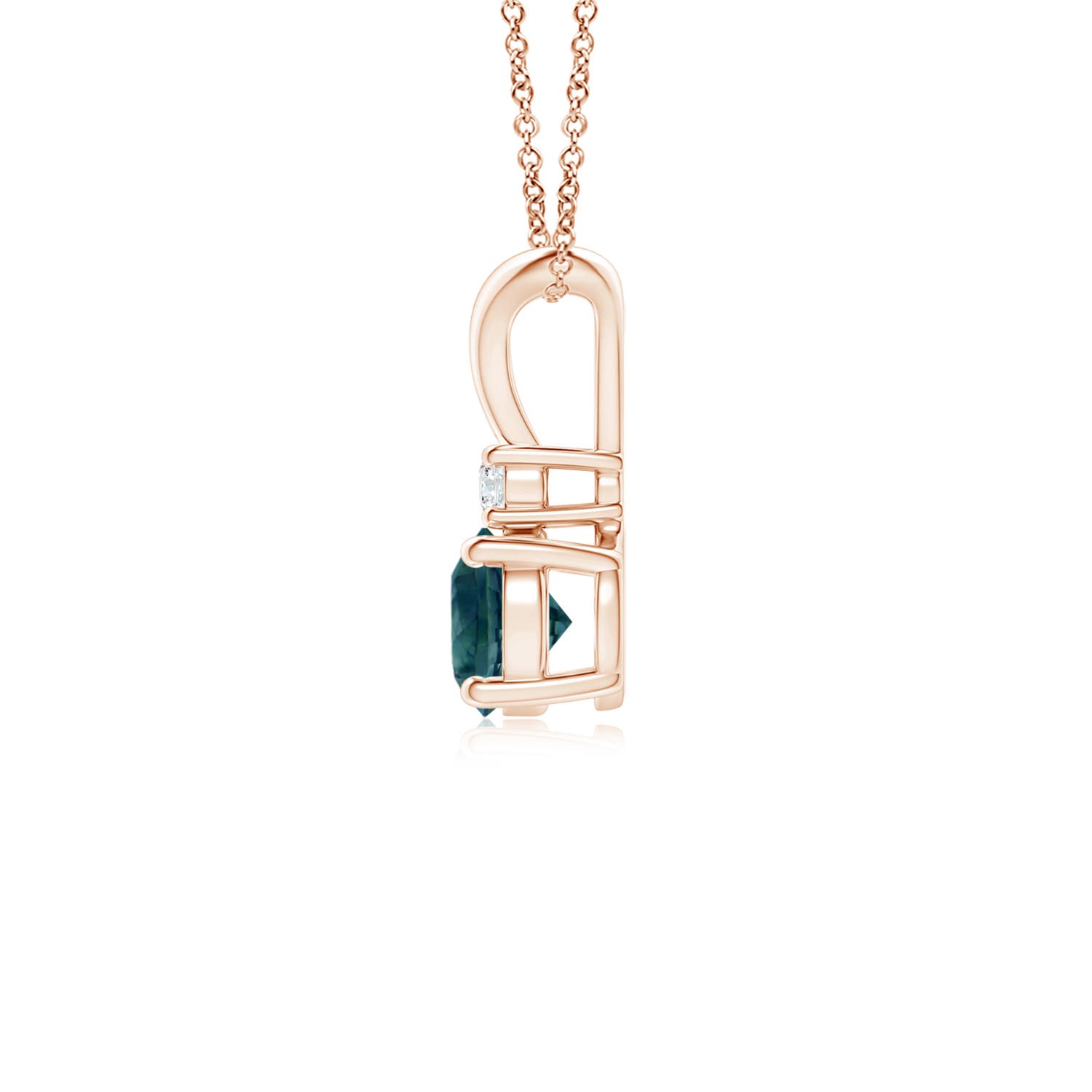 5mm AAA Round Teal Montana Sapphire Solitaire V-Bale Pendant with Diamond in Rose Gold