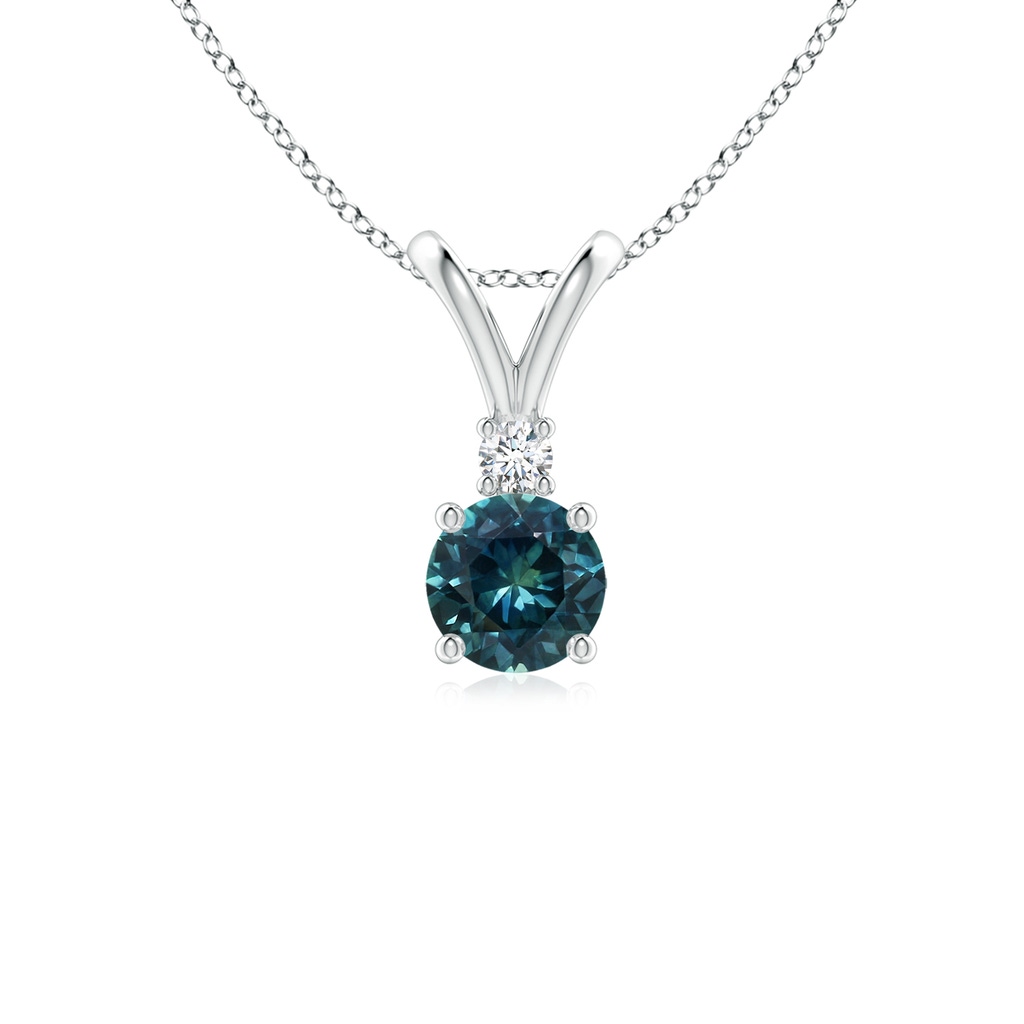 5mm AAA Round Teal Montana Sapphire Solitaire V-Bale Pendant with Diamond in White Gold