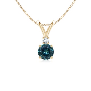 5mm AAA Round Teal Montana Sapphire Solitaire V-Bale Pendant with Diamond in Yellow Gold
