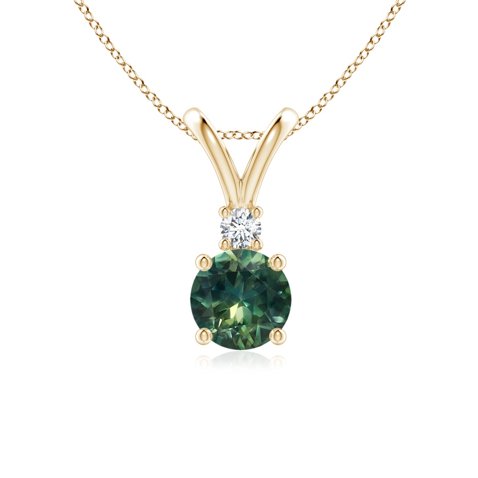 6mm AA Round Teal Montana Sapphire Solitaire V-Bale Pendant with Diamond in Yellow Gold 