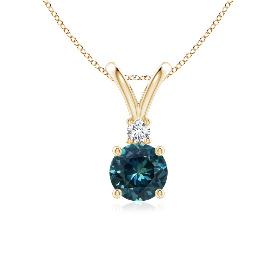 6mm AAA Round Teal Montana Sapphire Solitaire V-Bale Pendant with Diamond in Yellow Gold 