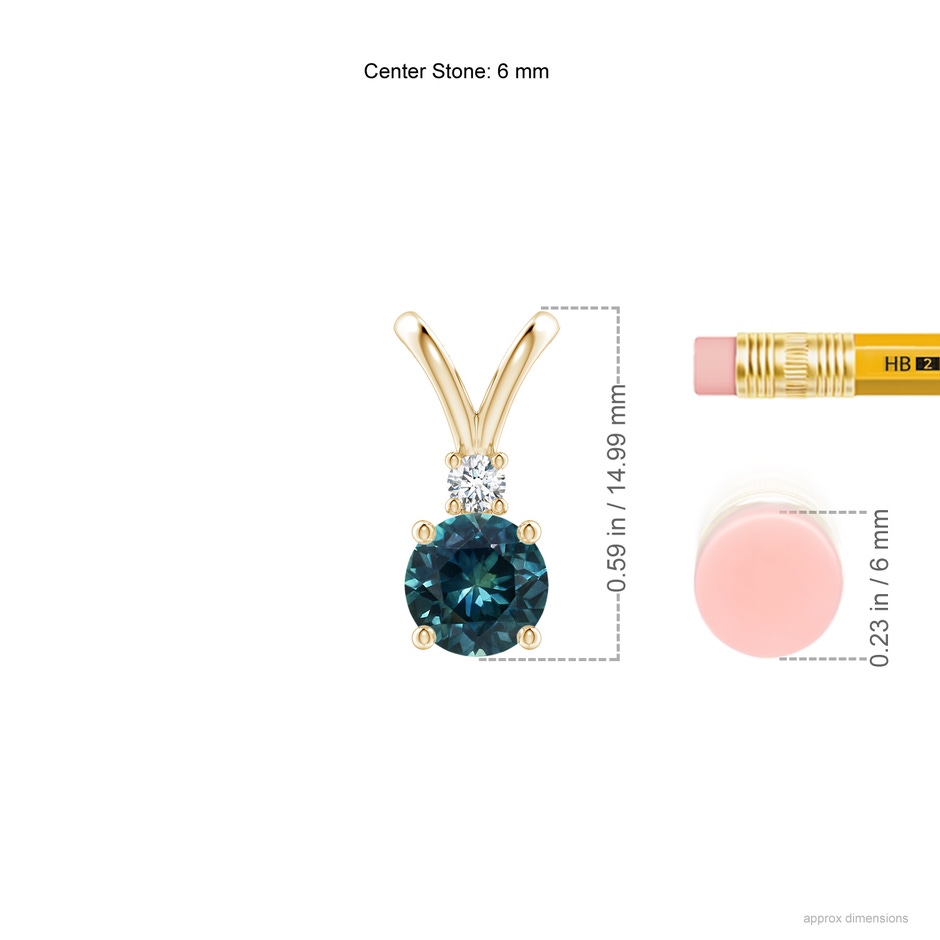 6mm AAA Round Teal Montana Sapphire Solitaire V-Bale Pendant with Diamond in Yellow Gold ruler