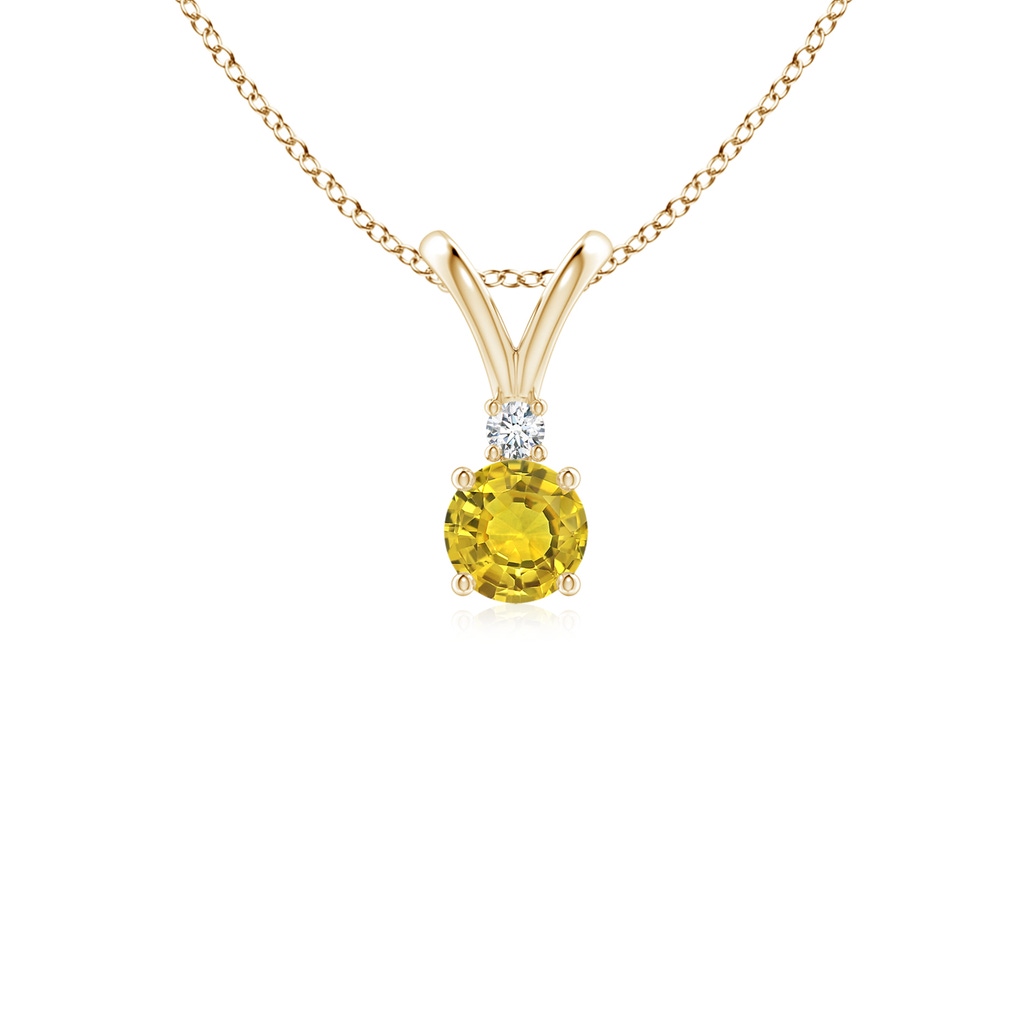 4mm AAAA Round Yellow Sapphire Solitaire V-Bale Pendant with Diamond in Yellow Gold