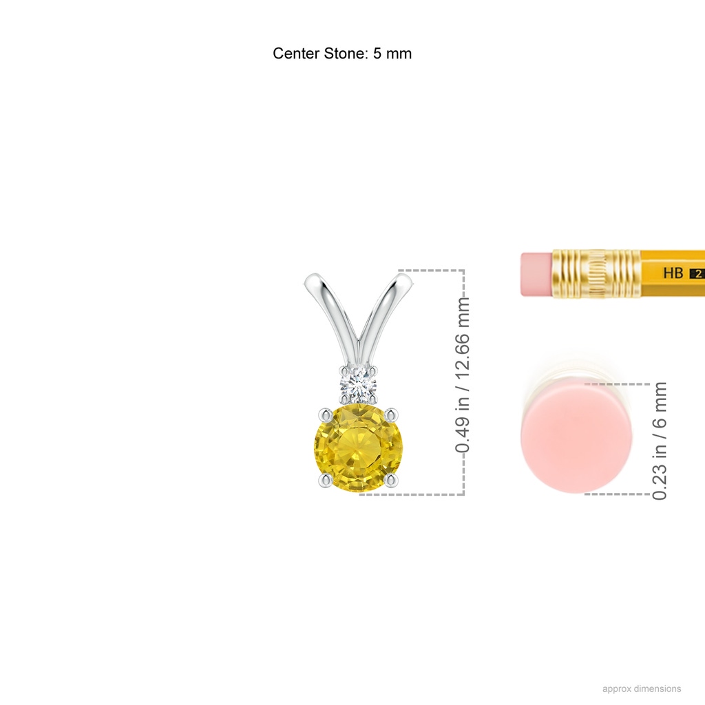 5mm AAA Round Yellow Sapphire Solitaire V-Bale Pendant with Diamond in White Gold Ruler