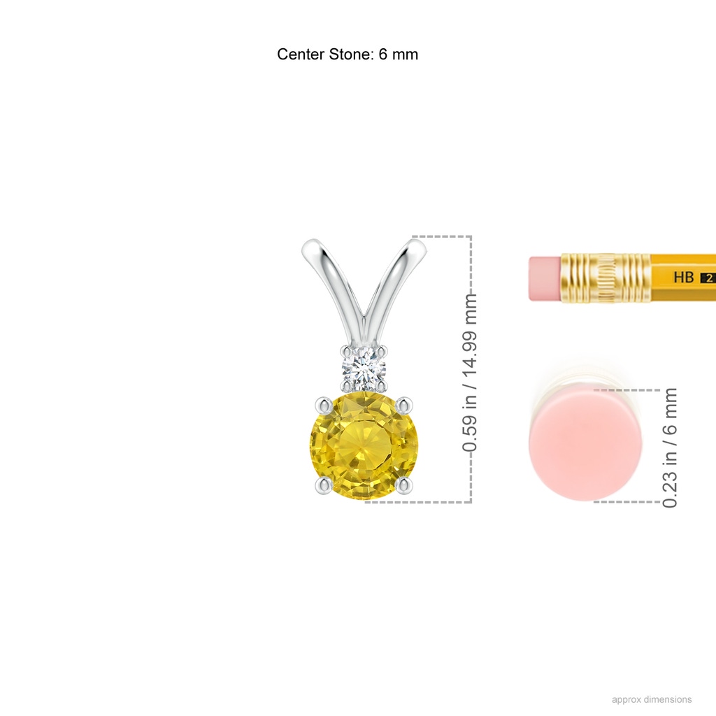 6mm AAA Round Yellow Sapphire Solitaire V-Bale Pendant with Diamond in White Gold Ruler