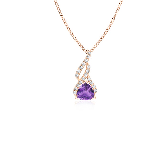 4mm AA Trillion Amethyst Solitaire Pendant with Diamond Swirl in Rose Gold 