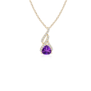 4mm AAAA Trillion Amethyst Solitaire Pendant with Diamond Swirl in Yellow Gold