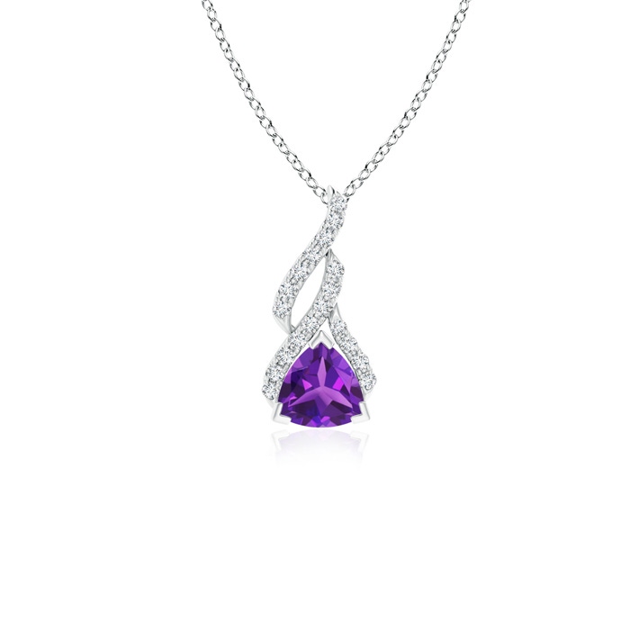 5mm AAAA Trillion Amethyst Solitaire Pendant with Diamond Swirl in White Gold 