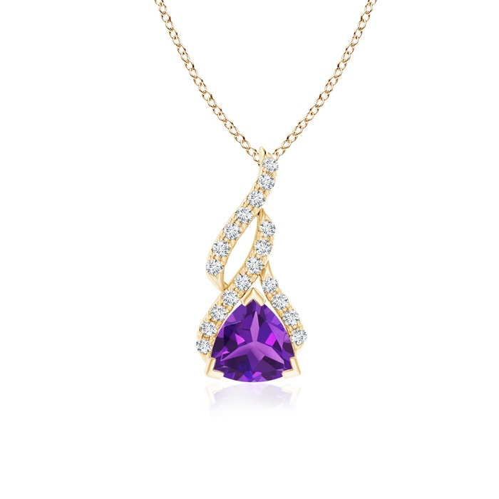6mm AAAA Trillion Amethyst Solitaire Pendant with Diamond Swirl in Yellow Gold 
