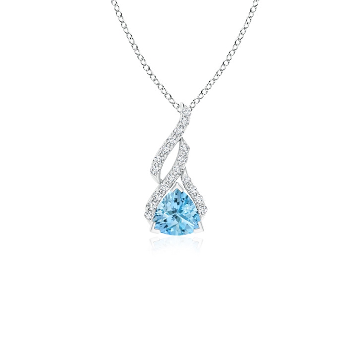 5mm AAAA Trillion Aquamarine Solitaire Pendant with Diamond Swirl in White Gold 