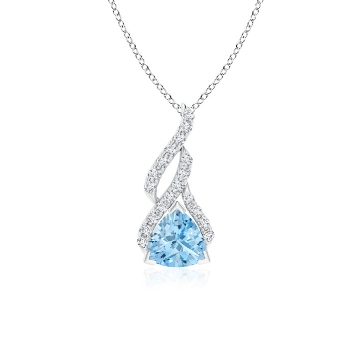 6mm AAAA Trillion Aquamarine Solitaire Pendant with Diamond Swirl in White Gold 