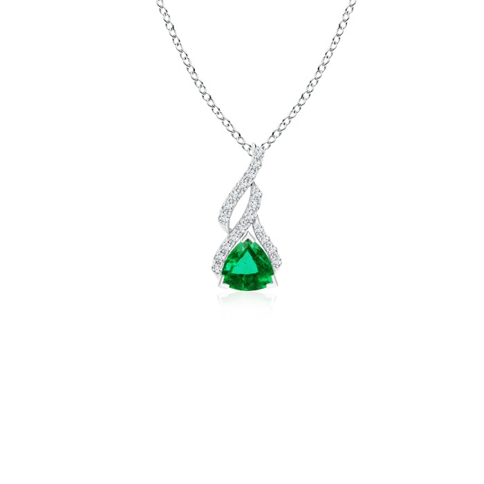 4mm AAA Trillion Emerald Solitaire Pendant with Diamond Swirl in White Gold 