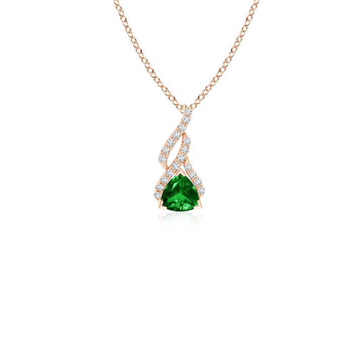 4mm AAAA Trillion Emerald Solitaire Pendant with Diamond Swirl in Rose Gold