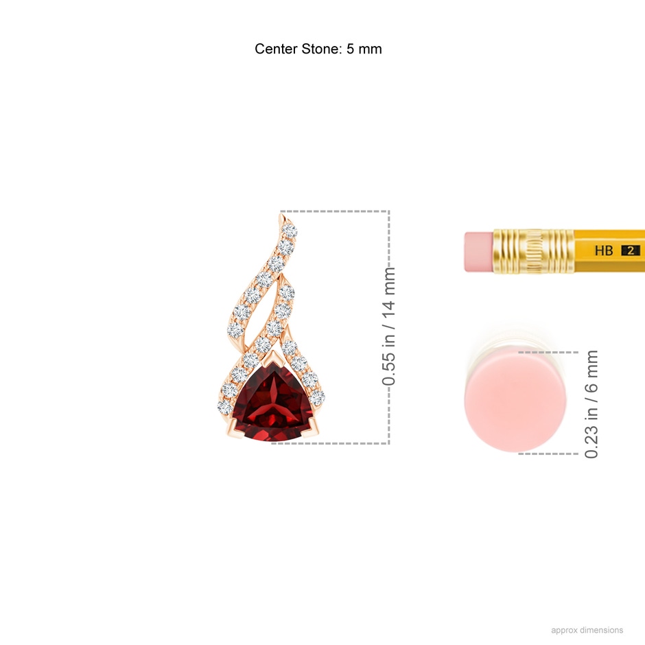 5mm AAAA Trillion Garnet Solitaire Pendant with Diamond Swirl in Rose Gold ruler