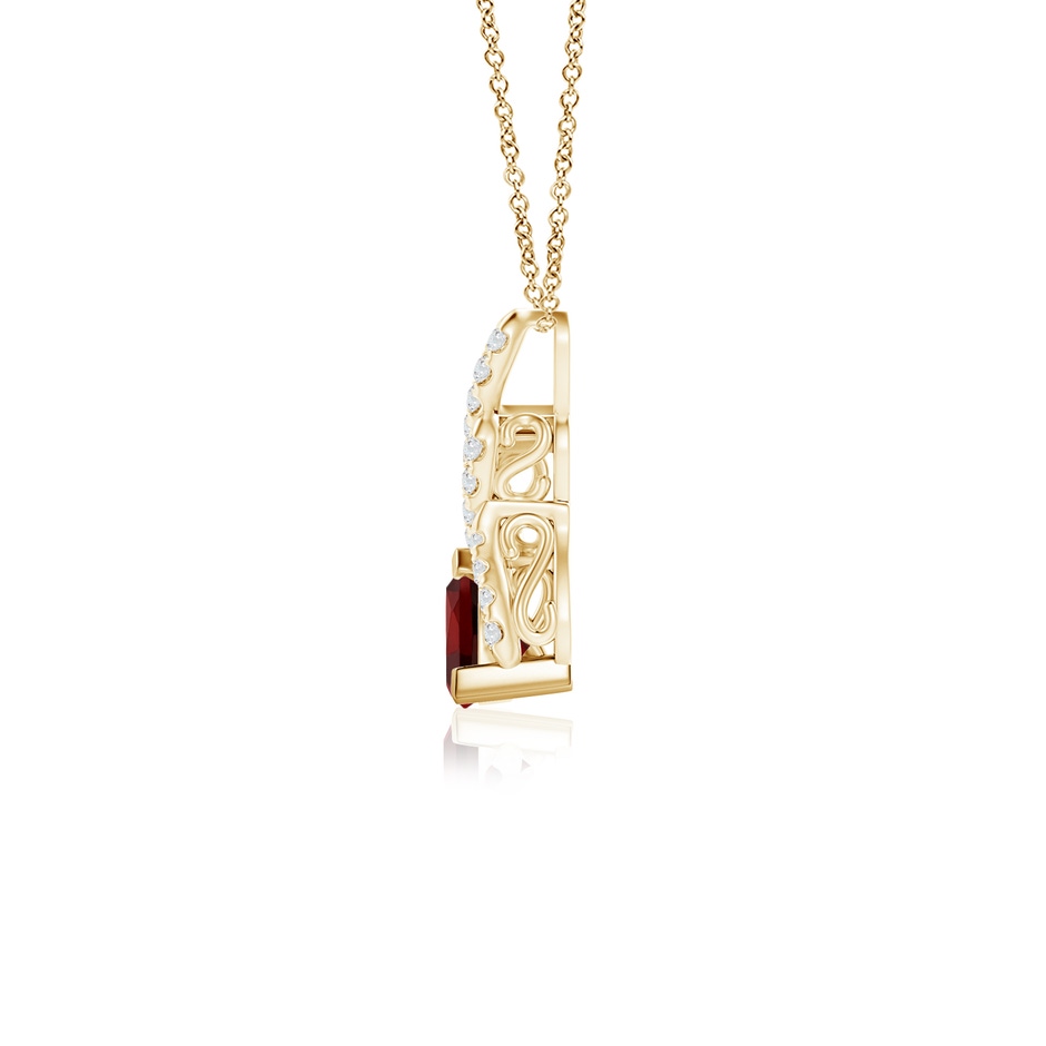 5mm AAAA Trillion Garnet Solitaire Pendant with Diamond Swirl in Yellow Gold side 1