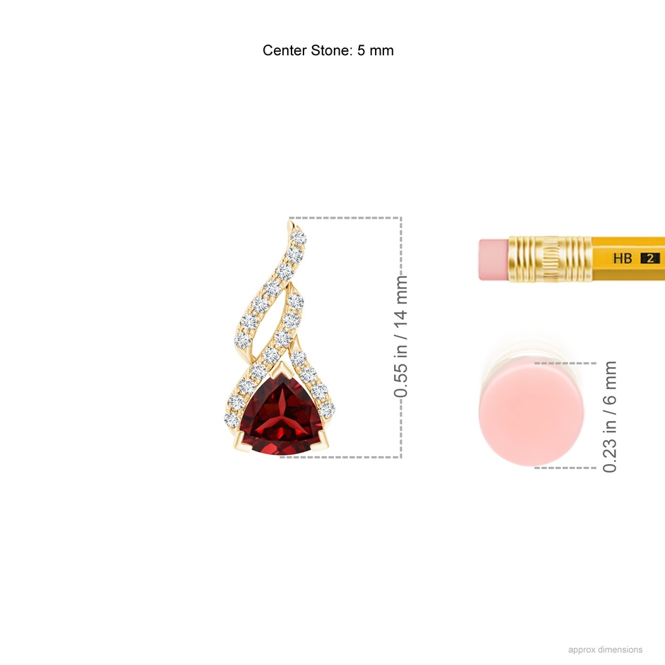 5mm AAAA Trillion Garnet Solitaire Pendant with Diamond Swirl in Yellow Gold ruler
