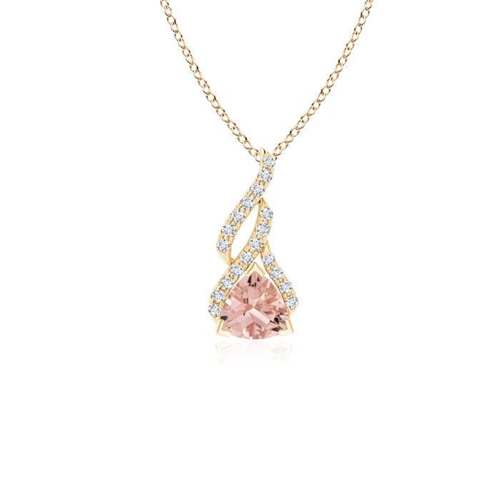 5mm AAAA Trillion Morganite Solitaire Pendant with Diamond Swirl in Yellow Gold