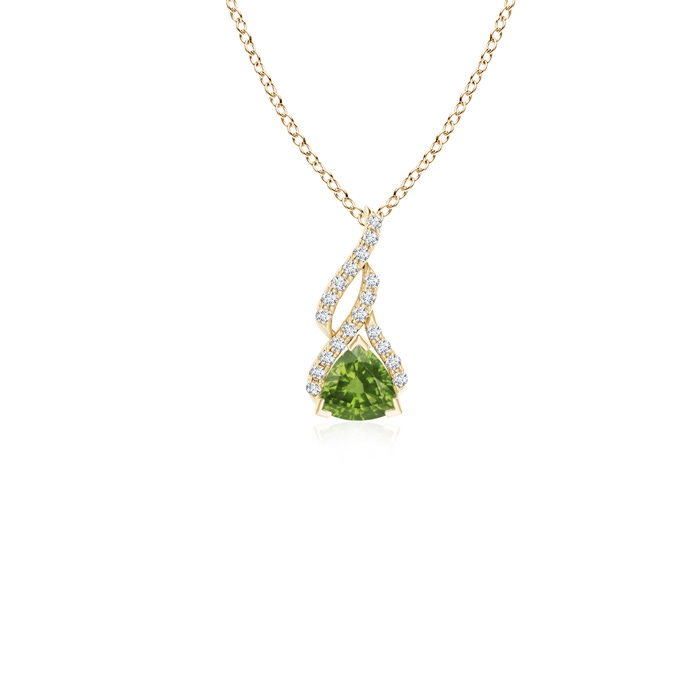 4mm AAAA Trillion Peridot Solitaire Pendant with Diamond Swirl in Yellow Gold 