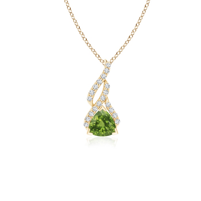 5mm AAAA Trillion Peridot Solitaire Pendant with Diamond Swirl in Yellow Gold 