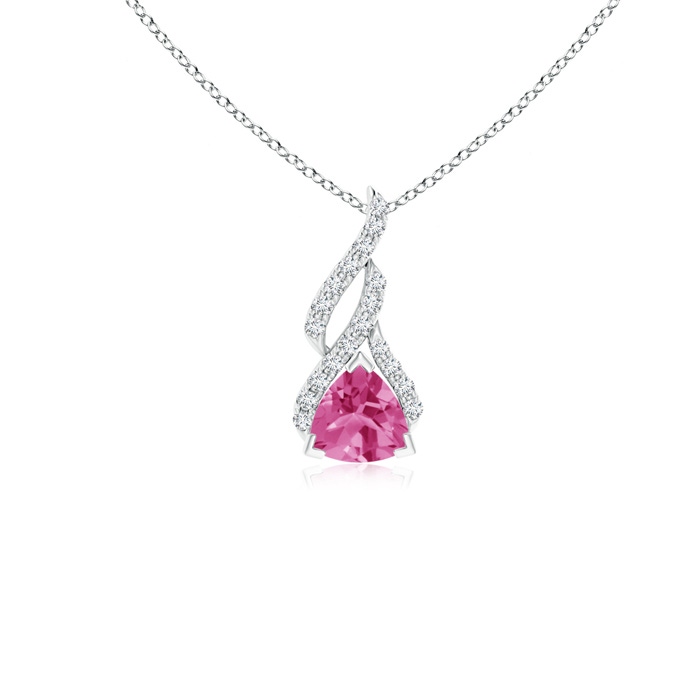 4mm AAA Trillion Pink Sapphire Solitaire Pendant with Diamond Swirl in White Gold 