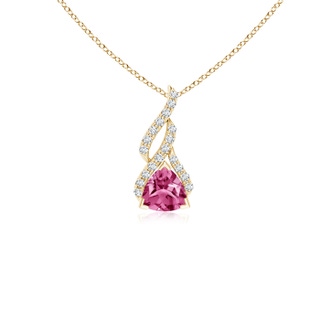 4mm AAAA Trillion Pink Sapphire Solitaire Pendant with Diamond Swirl in Yellow Gold