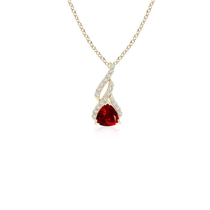4mm AAAA Trillion Ruby Solitaire Pendant with Diamond Swirl in Yellow Gold
