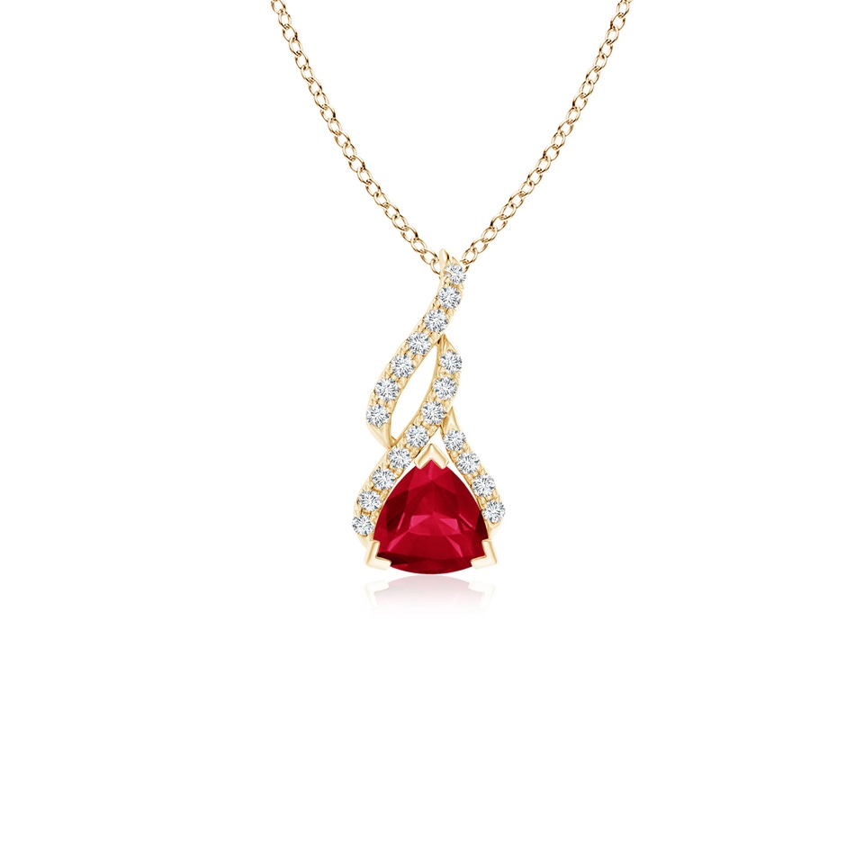 5mm AA Trillion Ruby Solitaire Pendant with Diamond Swirl in Yellow Gold 