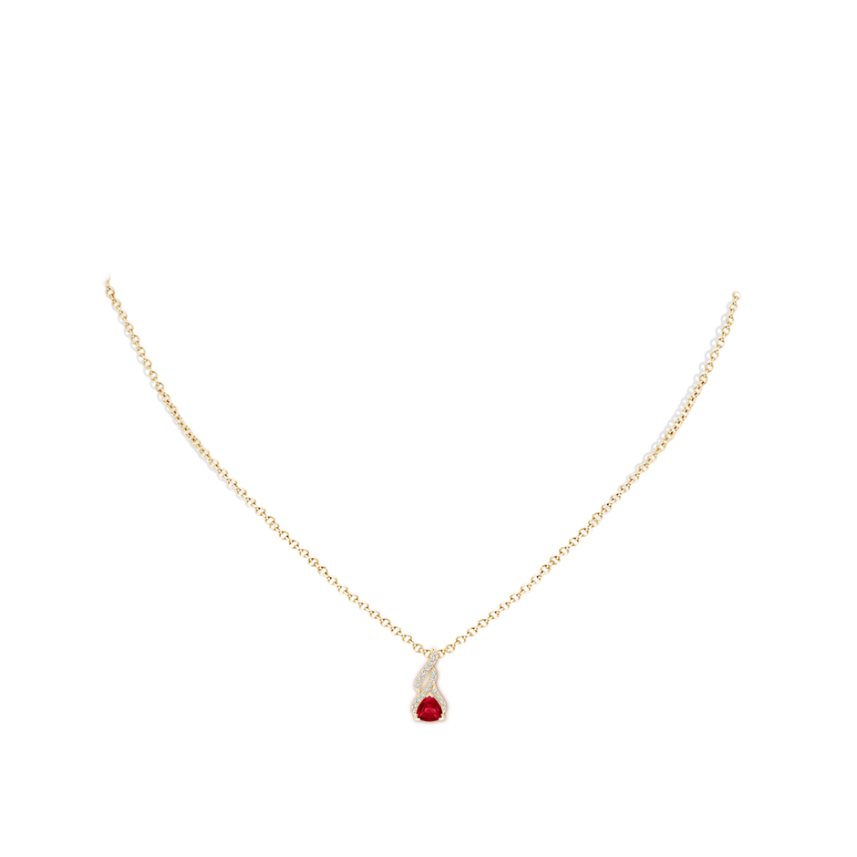 5mm AA Trillion Ruby Solitaire Pendant with Diamond Swirl in Yellow Gold pen