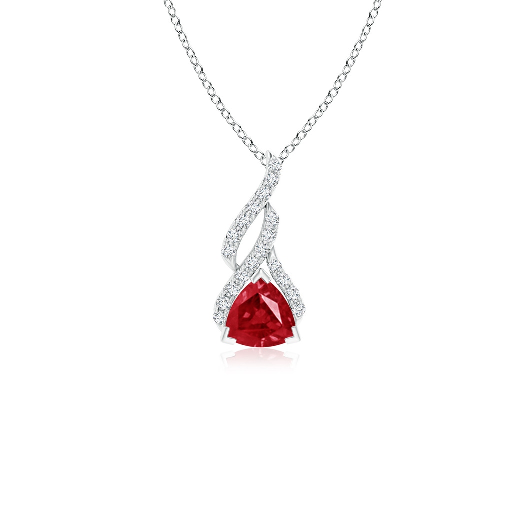 5mm AAA Trillion Ruby Solitaire Pendant with Diamond Swirl in 18K White Gold