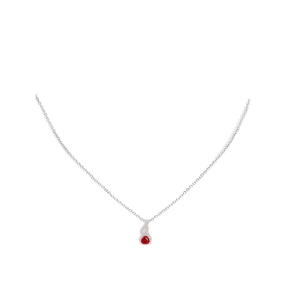5mm AAA Trillion Ruby Solitaire Pendant with Diamond Swirl in 18K White Gold pen