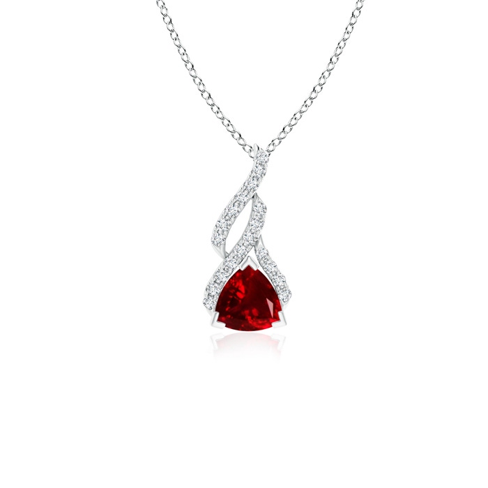 5mm AAAA Trillion Ruby Solitaire Pendant with Diamond Swirl in White Gold