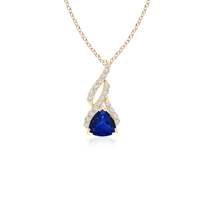 5mm AAAA Trillion Sapphire Solitaire Pendant with Diamond Swirl in Yellow Gold