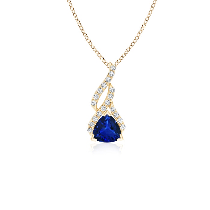 5mm AAAA Trillion Sapphire Solitaire Pendant with Diamond Swirl in Yellow Gold 