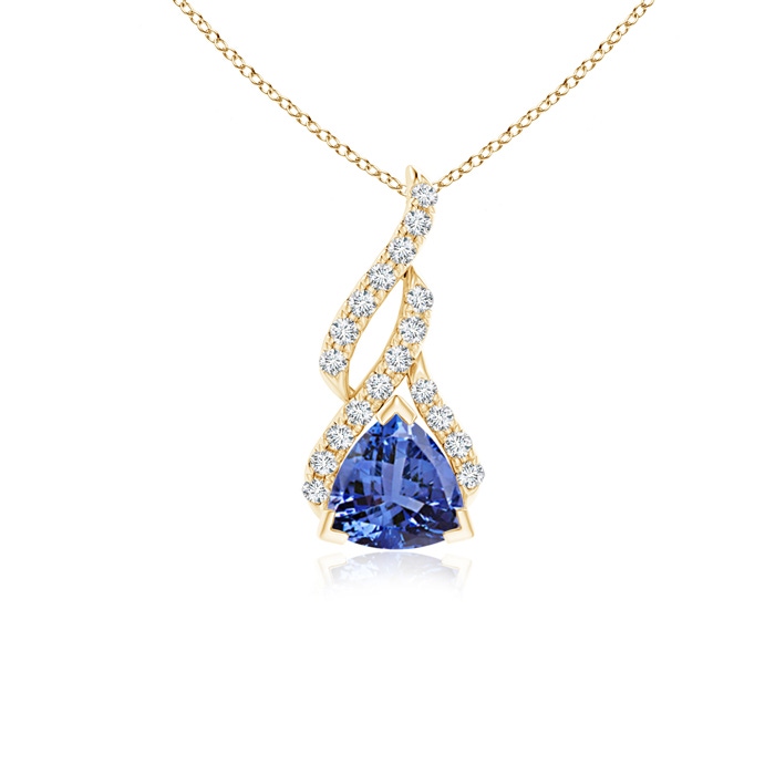 5mm AA Trillion Tanzanite Solitaire Pendant with Diamond Swirl in Yellow Gold 