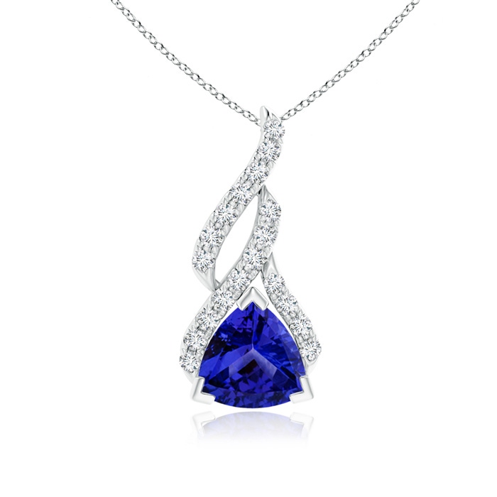 6mm AAAA Trillion Tanzanite Solitaire Pendant with Diamond Swirl in White Gold 