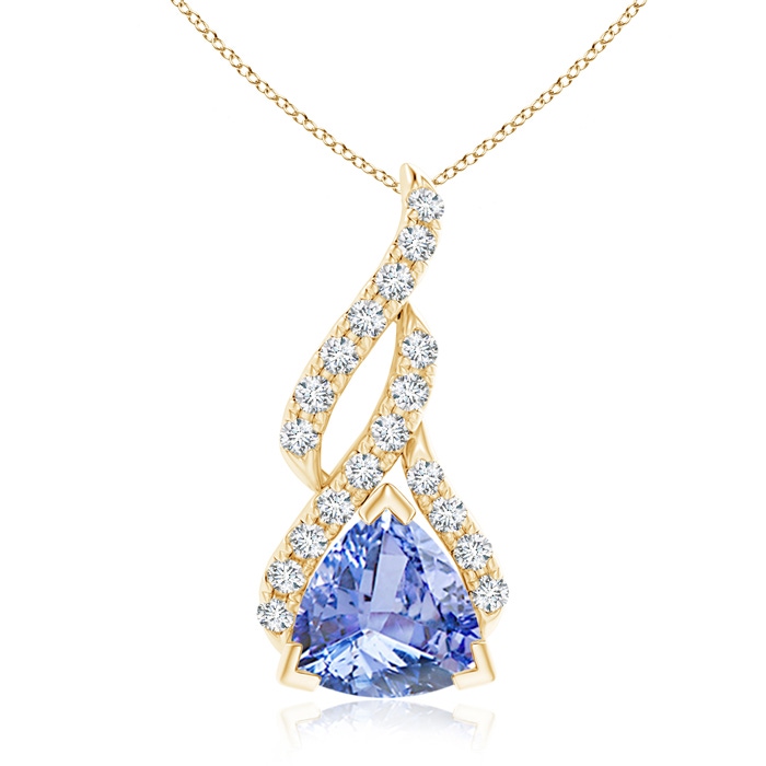 7mm A Trillion Tanzanite Solitaire Pendant with Diamond Swirl in Yellow Gold 